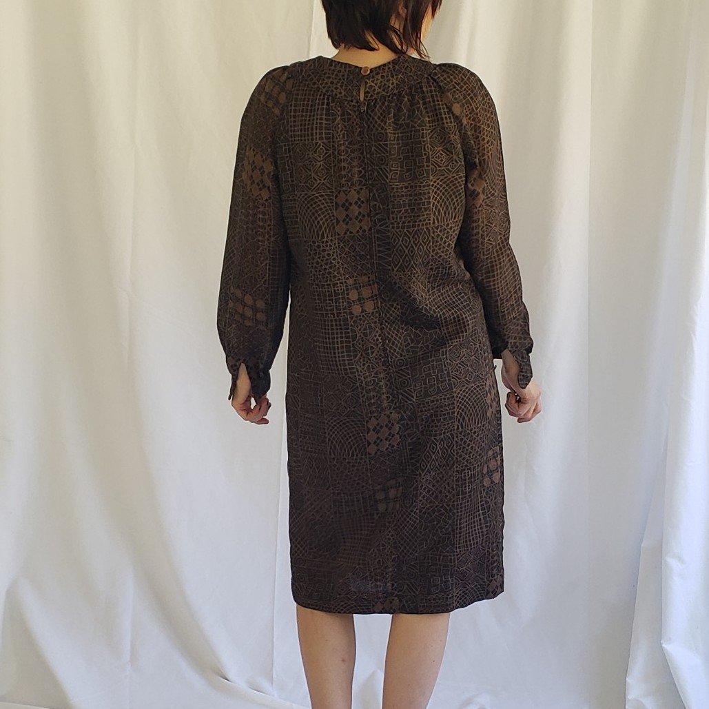 70s Brown Handmade Geometric Print Day Dress