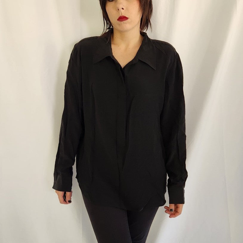 90s Black Silk Button Down Blouse