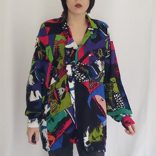 80s Funky Vogue Magazine Print Rayon Button down