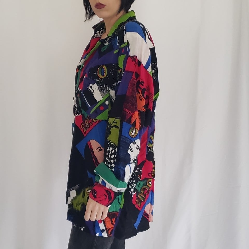 80s Funky Vogue Magazine Print Rayon Button down